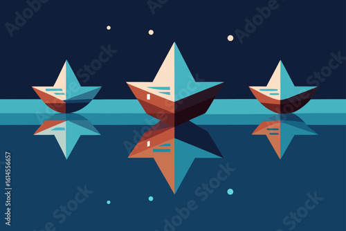 Three geometric paper boats sailing on calm dark blue water under a starry night sky with reflections
