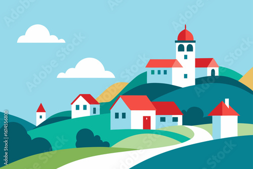 Charming european village scene with red roofed houses nestled on rolling hills under a clear blue sky with fluffy white clouds