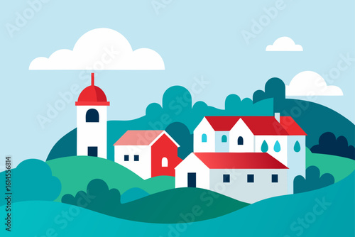 Charming village scene with a tall white tower and red roofed houses nestled amongst rolling green hills under a blue sky with fluffy clouds