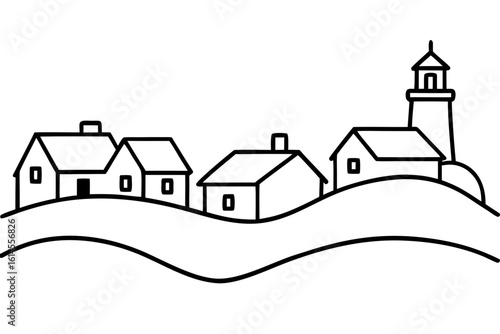 A simple black and white line drawing depicts a coastal village with houses and a lighthouse perched on rolling hills
