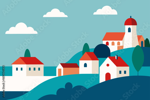 Charming european village nestled on rolling hills under a clear blue sky with fluffy white clouds and vibrant red rooftops