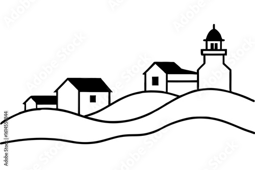 Minimalist black and white illustration of a coastal village with a lighthouse and houses nestled on rolling hills