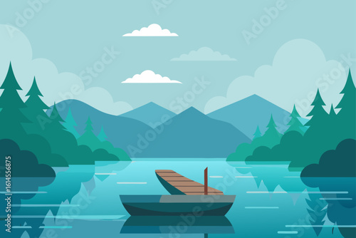 Tranquil mountain lake scene with a wooden dock and boat surrounded by evergreen trees and reflecting clouds under a serene sky