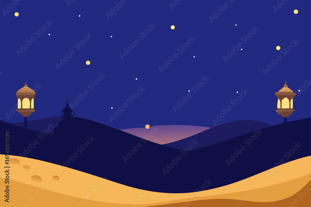 Naklejka premium A serene desert landscape at night illuminated by traditional lanterns and a starry sky evoking a sense of peace and spiritual reflection