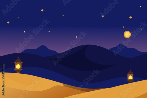 Serene desert landscape at night with glowing lanterns and a starry sky evoking a sense of peace and tranquility