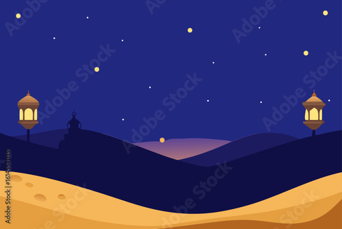 A serene desert landscape at night illuminated by traditional lanterns and a starry sky evoking a sense of peace and spiritual reflection