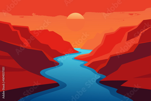 Vibrant sunset illuminates a winding blue river flowing through a dramatic red canyon landscape with stylized rock formations and a hazy sky