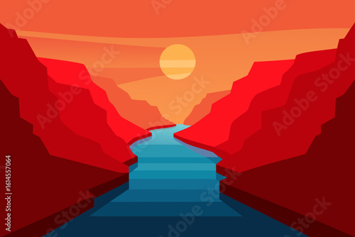 Vibrant sunset over a red canyon with a winding blue river below