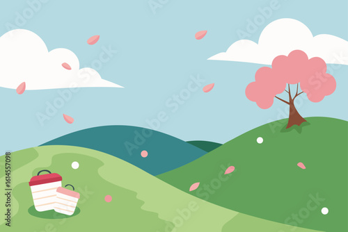 A serene landscape with rolling green hills a blooming pink cherry blossom tree and falling petals under a soft blue sky with fluffy white clouds