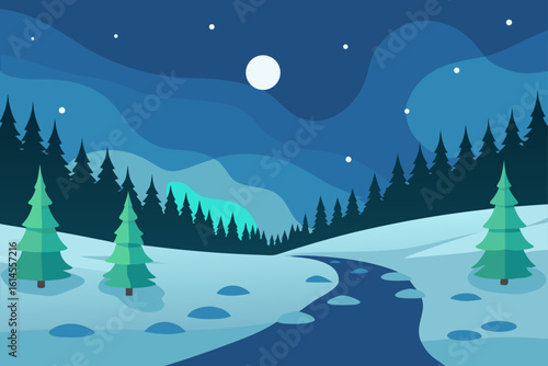 A serene winter night landscape featuring a winding river snow covered ground silhouetted pine trees and a glowing aurora borealis under a starry sky