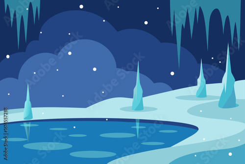 A serene winter landscape featuring a frozen pond ice formations and falling snow under a deep blue night sky