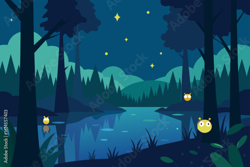 Enchanting nighttime forest scene with whimsical glowing creatures by a serene lake under a starry sky