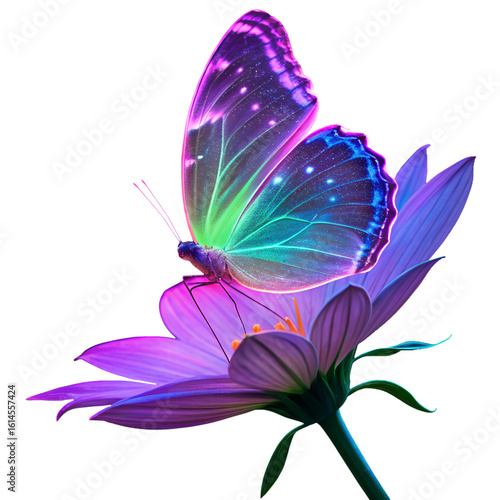 Glamour vibrant neon glow biofluorescent butterfly on iridescent blue-violet flower isolated on transparent background, cutout, clipart, png.