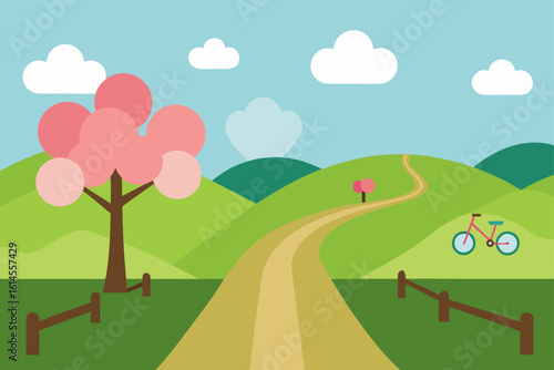 A charming flat illustration of a winding dirt path leading through rolling green hills under a bright blue sky with fluffy white clouds