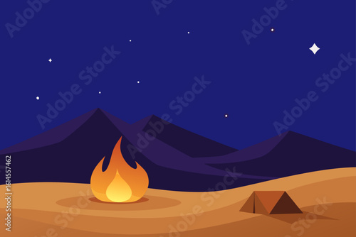 A serene night camping scene with a crackling campfire and a tent under a starry sky with majestic mountains in the background