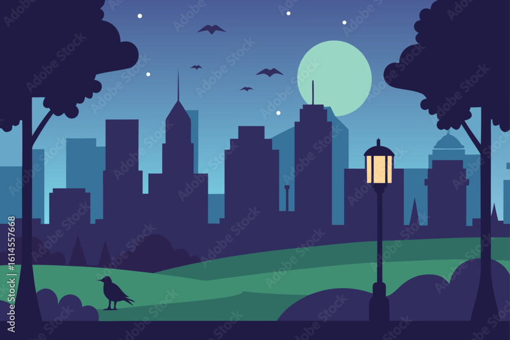 Fototapeta premium Serene urban park at night with a glowing lamppost silhouetted cityscape and a solitary bird beneath a large pale moon