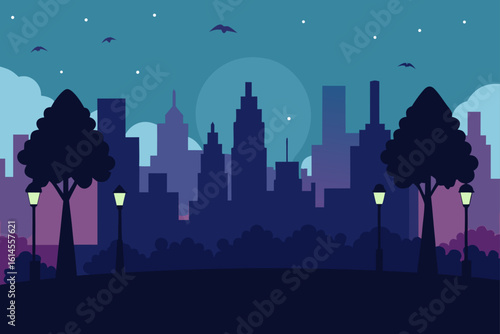 Serene urban park at twilight with silhouetted trees glowing lampposts and a distant city skyline under a starry sky