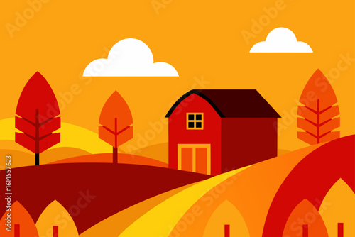 Vibrant autumn landscape with a red barn and stylized trees under a bright orange sky with clouds