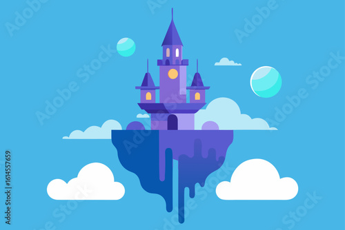 Whimsical floating castle amidst clouds and celestial spheres in a dreamlike sky