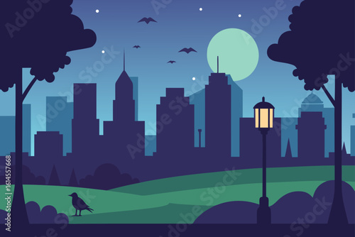 Serene urban park at night with a glowing lamppost silhouetted cityscape and a solitary bird beneath a large pale moon