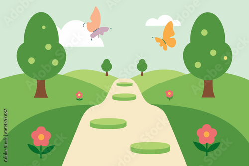 Whimsical springtime landscape with rolling green hills a winding path blooming flowers and colorful butterflies fluttering through the air