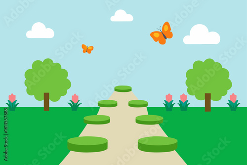 A cheerful cartoon landscape featuring a winding path with stepping stones green trees pink flowers and orange butterflies under a blue sky with fluffy white clouds