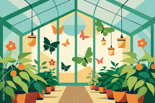Vibrant greenhouse filled with lush plants and graceful butterflies bathed in warm sunlight