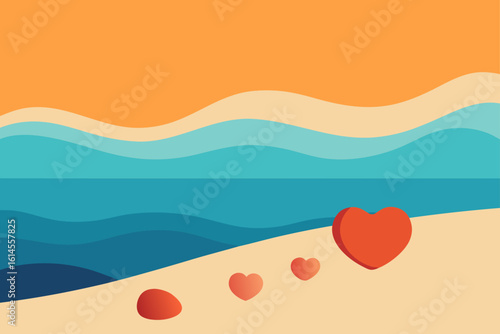 A romantic beach scene with stylized waves and a path of hearts leading towards the ocean under a warm orange sky