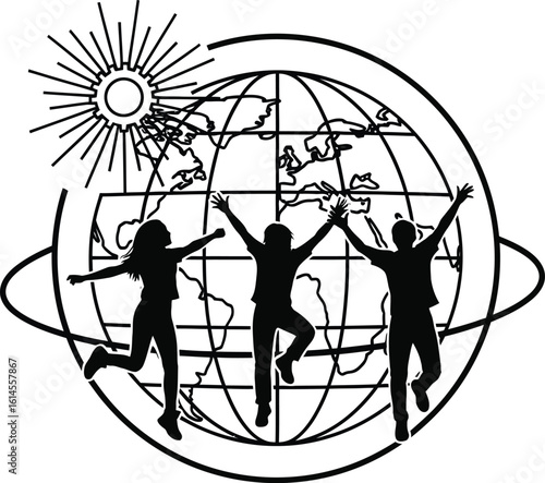 Joyful People Celebrating Together on a World Globe with a Shining Sun, Symbolizing Global Unity and Optimism on white background