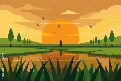 A lone figure stands by a tranquil river reflecting a vibrant sunset with silhouetted trees and birds flying across the warm sky