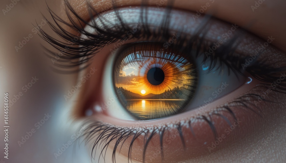 Fototapeta premium Close-up macro of a beautiful woman's blue eye, showcasing the intricate iris, long eyelashes, and pupil, perfect for abstract vision and beauty concepts