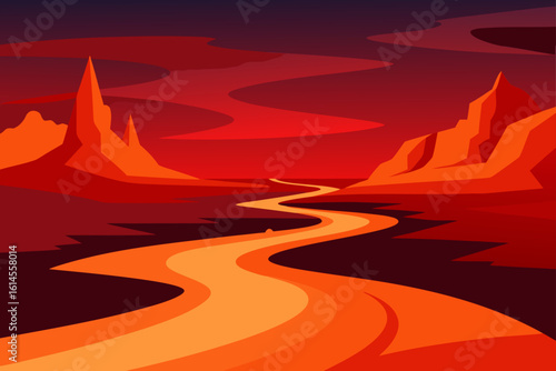 A vibrant stylized landscape featuring a winding river of molten lava flowing through a fiery alien terrain under a deep red sky