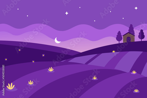 Serene purple landscape with rolling hills a crescent moon stars and a distant house under a calm night sky