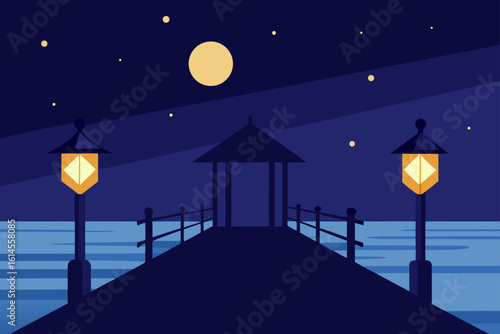 A serene night scene of a pier illuminated by lanterns leading to a gazebo under a starry sky and a full moon