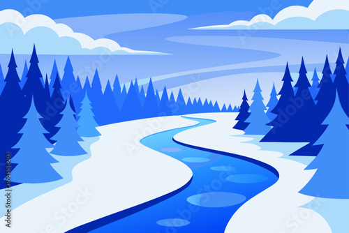 Stylized winter landscape with a winding blue river and snow covered trees under a cloudy sky
