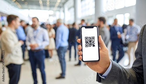 Business person holding phone with QR code at a convention