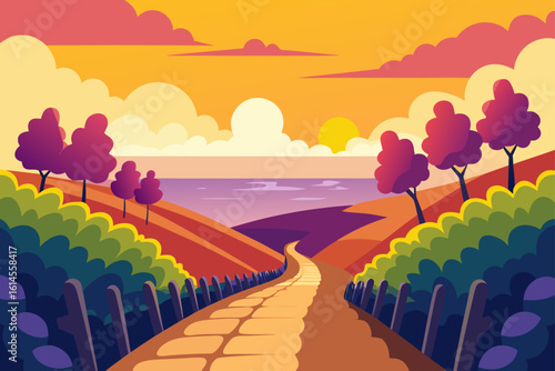 Vibrant sunset over rolling hills and a winding path leading to a serene body of water