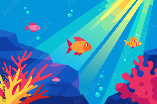 Vibrant underwater scene with colorful fish swimming among coral reefs and rocks illuminated by sunbeams piercing the ocean depths