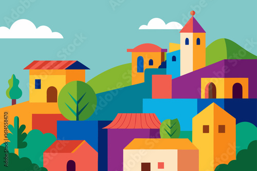 Vibrant geometric village scene with colorful buildings and rolling green hills under a sky with fluffy clouds