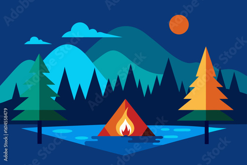 Serene night camping scene with a glowing campfire tent and stylized trees against a mountainous backdrop under a starry sky