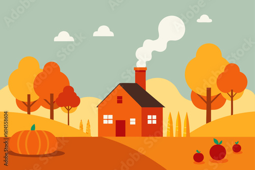 Cozy autumn scene with a smoking chimney house vibrant fall foliage and a giant pumpkin