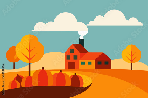 Cozy autumn farmhouse scene with vibrant pumpkins and fall foliage under a cloudy sky