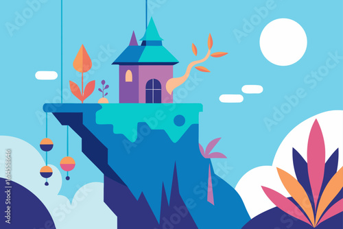 Whimsical floating island castle with vibrant flora and a celestial orb under a dreamy blue sky