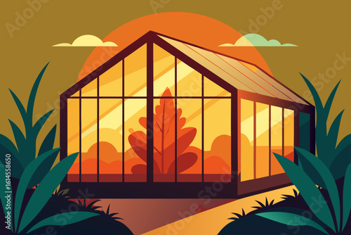 Warm greenhouse oasis bathed in golden sunset light surrounded by lush greenery and abstract clouds