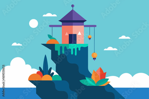 A vibrant stylized illustration of a unique colorful building perched precariously on a cliff overlooking the ocean under a bright sky with fluffy clouds
