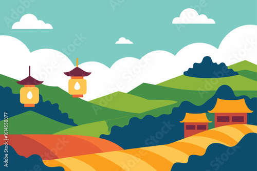 Serene asian landscape with pagoda lanterns and traditional buildings amidst rolling green hills and cultivated fields under a cloudy sky