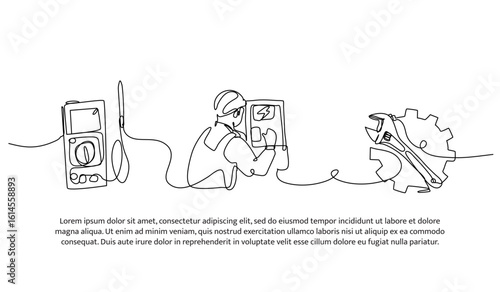 Continuous line design of electrical repairs. Single line decorative element drawn on white.