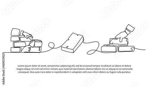 Continuous line design of brick laying. Single line decorative element drawn on white.