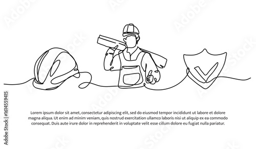 Continuous line design of construction worker safety. Single line decorative element drawn on white.