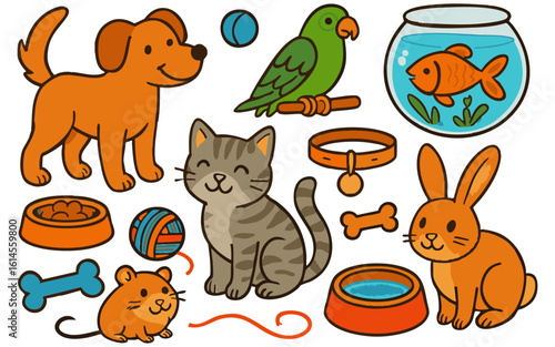 Vector art of a cheerful assortment of cute cartoon pets including a dog, cat, rabbit, hamster, parrot, and fish with accessories isolated on transparent background
